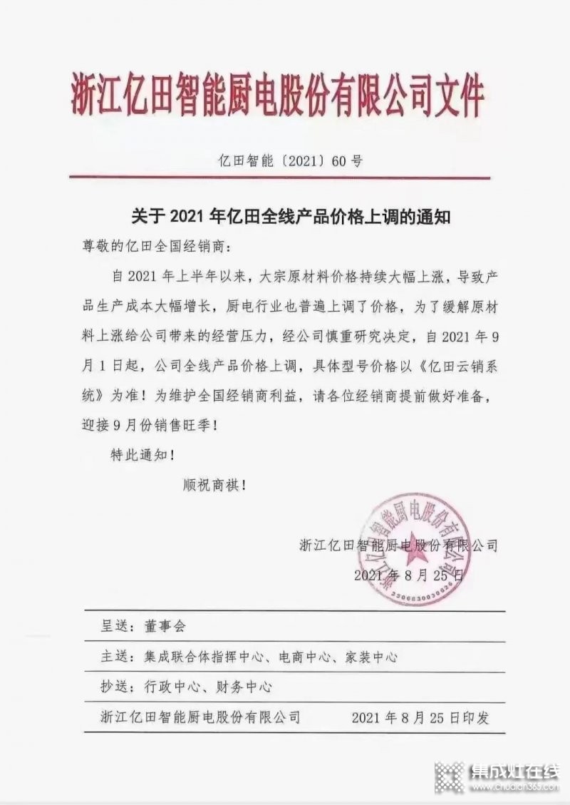 億田智能、帥豐電器、萬(wàn)事興電器等集成灶品牌紛紛發(fā)布漲價(jià)函！_2